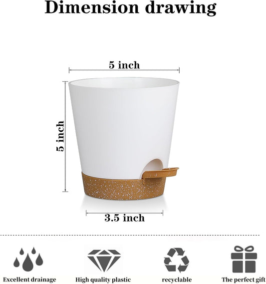 5 Pack 5 inch Self-Watering Pots, African Violets Planter with Drainage Holes and Reservoir, White Brown Plastic Planter for Indoor Outdoor Plants Flowers and Houseplants White Brown, 5 inch 5 pcs
