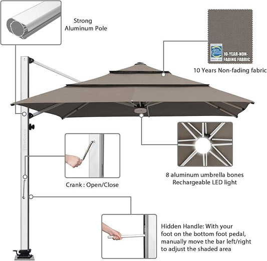 EliteShade USA APOLLO 3-Tier 10x10FT Full Aluminum Cantilever Patio Umbrella for Outdoor restaurant Garden Courtyard Deck Pool and Marketing with Light (No battery),Taupe