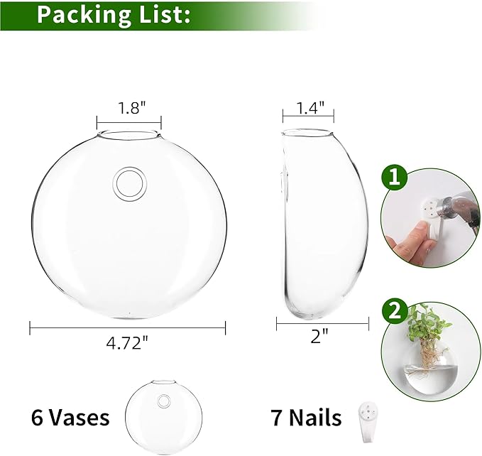 Wall Propagation Planters 6 Pack Glass Wall Planters Propagation Stations Wall Mount Plant Holder Wall Pots for Plants Indoor Wall Hanging Vases Terrariums Indoor Hydroponic Decor