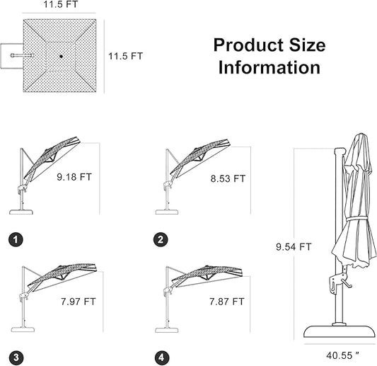 PURPLE LEAF 11.5' X 11.5' Telescopic Patio Umbrella Outdoor Cantilever Umbrella Square Up Down Lifting Offset Umbrella with 360-degree Rotation for Garden Deck Pool Patio Grey