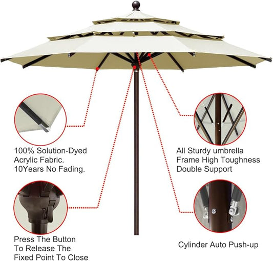 EliteShade USA 10-Year-Non-Fading 11Ft 3 Tiers Market Umbrella Patio Outdoor Cylinder Auto Push-up Table Umbrella with Ventilation, Natural