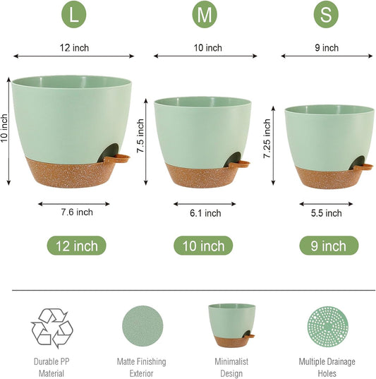 Large Self Watering Pots, 12/10/9 Plastic Planters with High Drainage Holes and Deep Reservoir for Indoor Outdoor Garden Plants and Flowers, Green with Brown