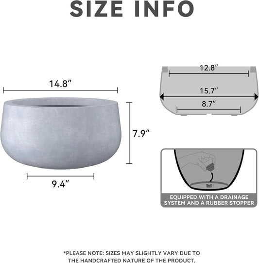 Kante 15.7" Dia Round Concrete Planter, Cement Plant Pots with Drainage Hole and Rubber Plug for Outdoor Indoor Garden Home, Modern Curvaceous Design, Gray