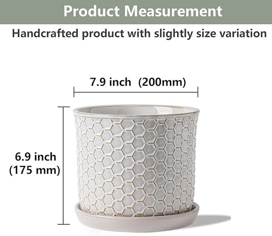 8 Inch Plant Pot: Ceramic Planter with Drainage Hole & Saucer - Flowerpot for Indoor & Outdoor Plants with Separate Tray for Home & Office - Honeycomb Design, Cream White