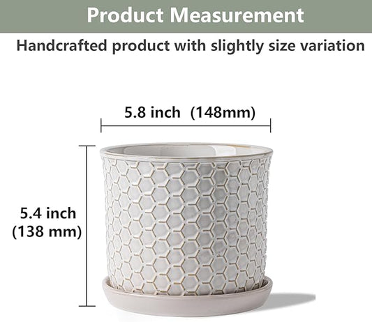 5.8 Inch Plant Pot: Ceramic Planter with Drainage Hole & Saucer - Flowerpot for Indoor & Outdoor Plants with Separate Tray for Home & Office - Honeycomb Design, Cream White