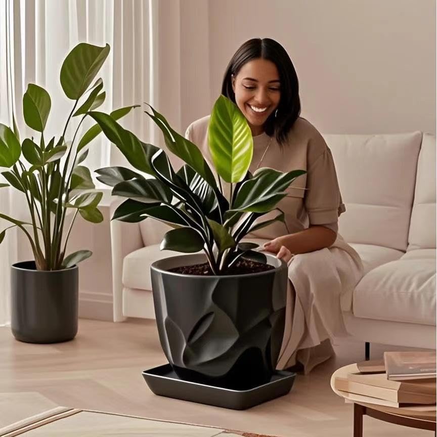 Square Plant Saucer 10 Inch 2 Pack,Plant Trays for Pots, Black Ceramic Plant Saucers for Indoors Outdoors, Plant Drip Tray 4 6 8 10 12 14 Inch