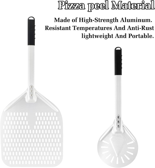 12 Inch + 7 Inch Perforated Pizza Peel Set, Pizza Turning Peel with Metal Handle, Pizza Spatula Paddle for Homemade Pizza Oven Accessories