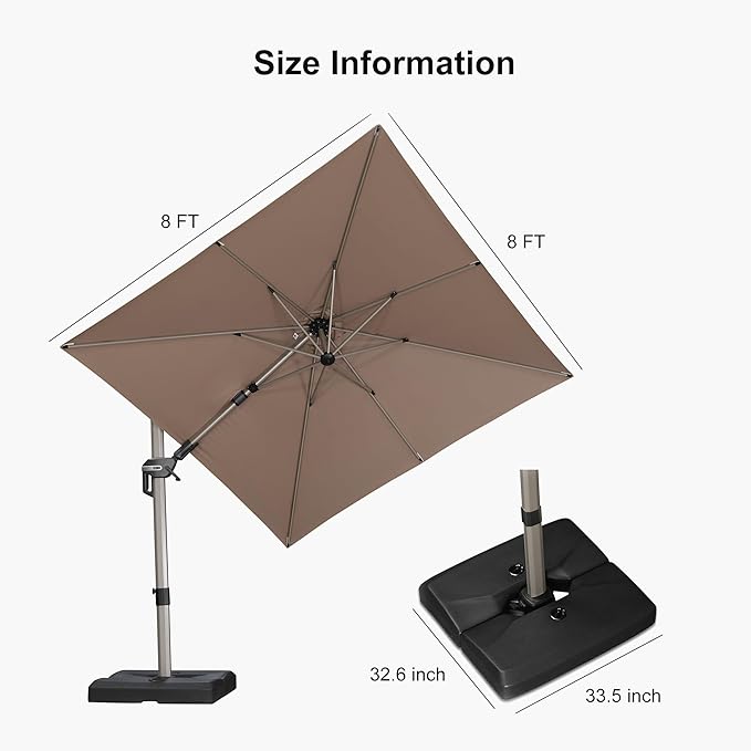 PURPLE LEAF 8' X 8' Left-right Tilting Patio Umbrella with Base Outdoor Swivel Cantilever Offset Aluminum Umbrella with Champagne Frame and 360-degree Rotation for Garden Deck Pool, Taupe