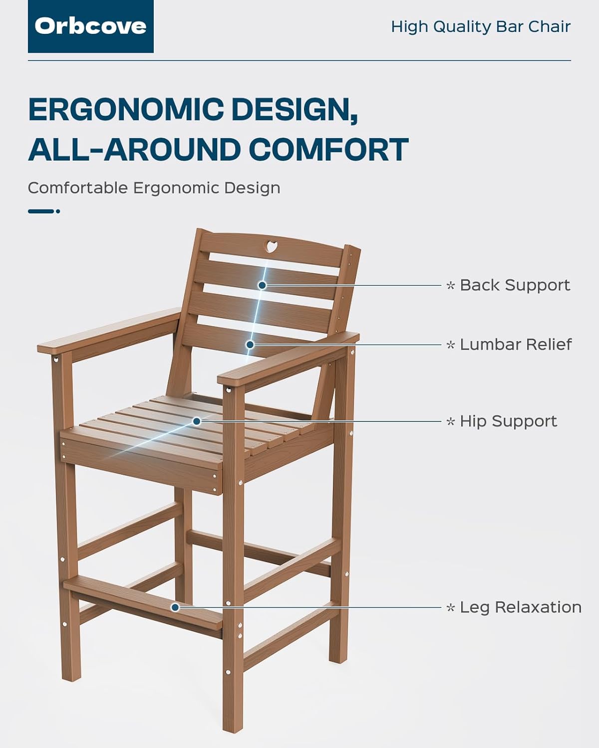 3-Piece Bar Height Patio Table and Chairs Set, HDPE Wood Grain Outdoor Bar Table and Chairs with Heart Cutout Design, Weather-Resistant Bar Height Furniture for Deck, Porch, Pool (Teak)
