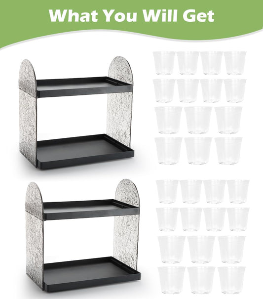 2-Pack Mini Plant Stands with 2.5" & 3" Clear Plastic Pots with Drainage Holes for Plants Indoor Seedling Small Succulent Windowsill Shelf as Gifts for Men Women