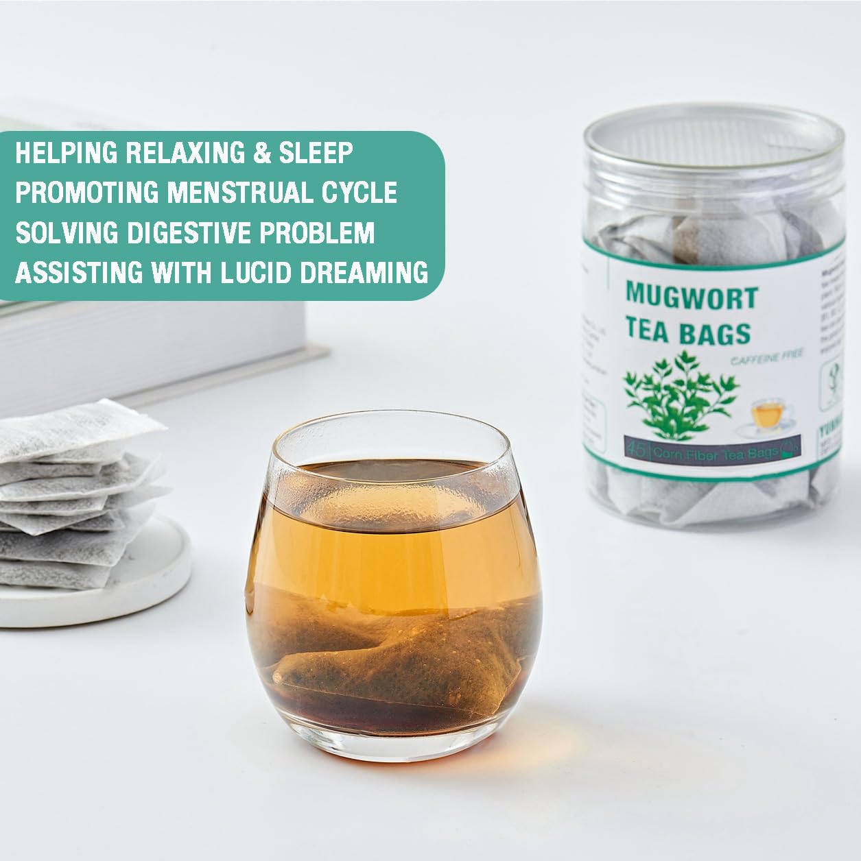 45 Mugwort Tea Bags | Natural Dried Chinese Mugwort Herb Tea | Artemisia Wormwood Tea | Caffeine Free, Help Sleep, Lucid Dreaming, Relax, Digestion