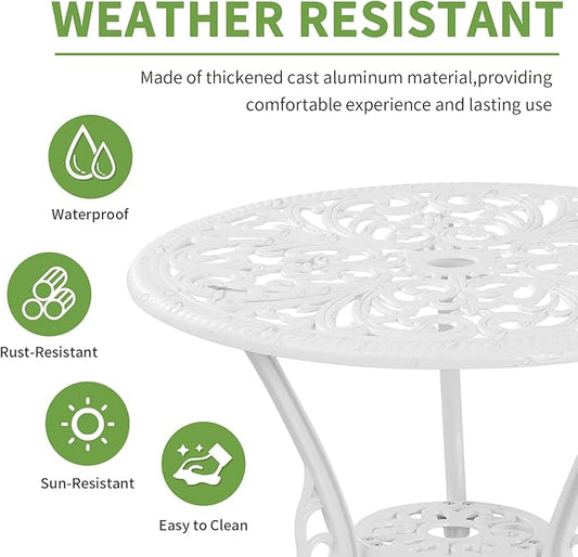 Patio Bistro Sets 3 Piece,Cast Aluminum Bistro Table and Chairs Set of 2 with 1.97" Umbrella Hole,All Weather Bistro Table Set Outdoor Patio Furniture for Garden,Yard(Butterfly White)