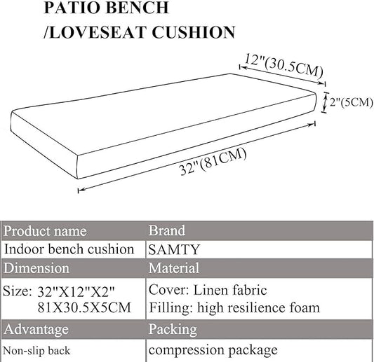 Bench Seat Memory Foam Chair Pads Non-Slip Rubber Back Indoor Swing/Settee Cushion 32 x 12 inch
