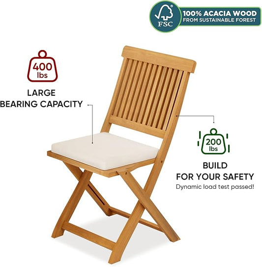 IDZO Heavy Duty 400lbs Capacity Patio Bistro Sets, 3 Piece Outdoor Folding Chairs with Cushions and Round Table, FSC-Certified Acacia Wood, Space-Saving Design for Balcony, Garden and Porch