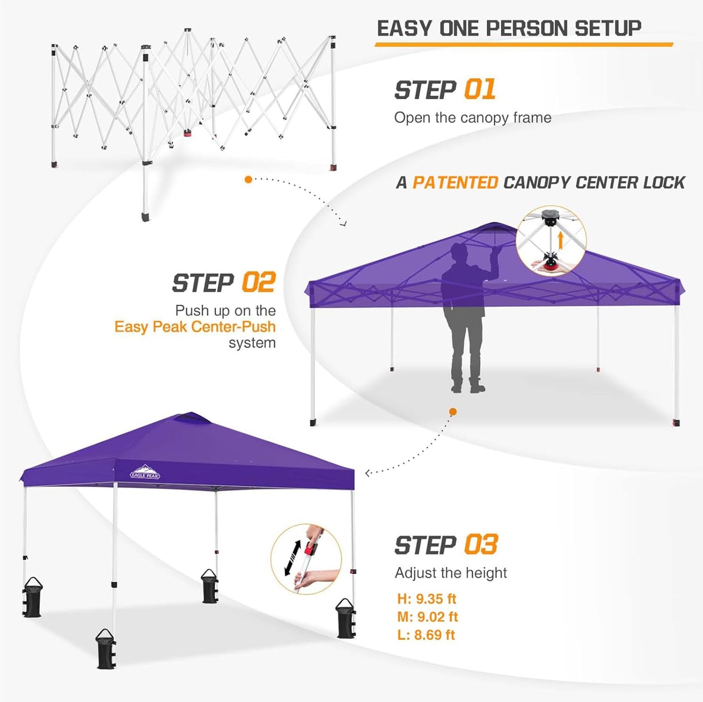 EAGLE PEAK Pop Up Canopy Tent with Wheeled Carry Bag, 8 Stakes, 4 Ropes, 4 Weight Bags, Easy Set Up Tent Canopy, 10x10 ft, 100sqft of Shade, Purple