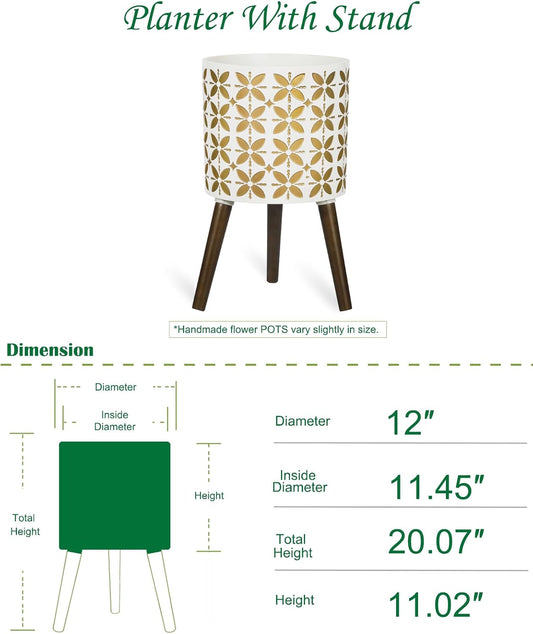 nacltlo12 Inch Planter with Stand,Plant Pot for Indoor Plants,Modern Mid-Century,Large Flower Planter Pot with Drainage Holes for Outdoor,White and xGold