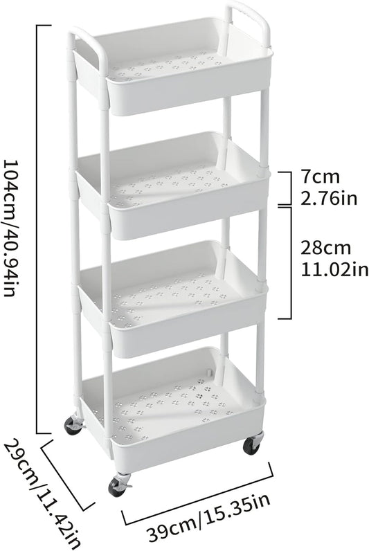 Sywhitta 4-Tier Plastic Rolling Utility Cart with Handle, Multi-Functional Storage Trolley for Office, Living Room, Kitchen, Movable Storage Organizer with Wheels, White