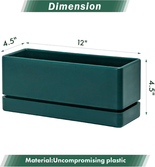 D'vine Dev 12 Inch Window Box Planter, Rectangle Plastic Herb Planter with Drainage Holes and Saucer, Indoor Succulent Cactus Vegetable Pot for Windowsill, Garden Balcony, Green, Set of 2, 76-X-C-2