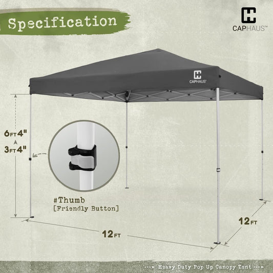 CAPHAUS 12ft x 12ft Patented One-Push Pop Up Outdoor Canopy Tent, Heavy-Duty Commercial Grade w/Central Lock, Portable and Instant Folding Shelter with Wheeled Carry Bag and Weight Bag, Dark Grey