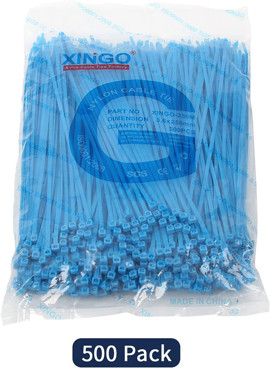 XINGO 10 Inch Cable Zip Ties (500 Pack), 40 Lbs Tensile Strength-Heavy Duty, Self-Locking Nylon Plastic Nylon Wire Ties for indoor and outdoor (Blue)