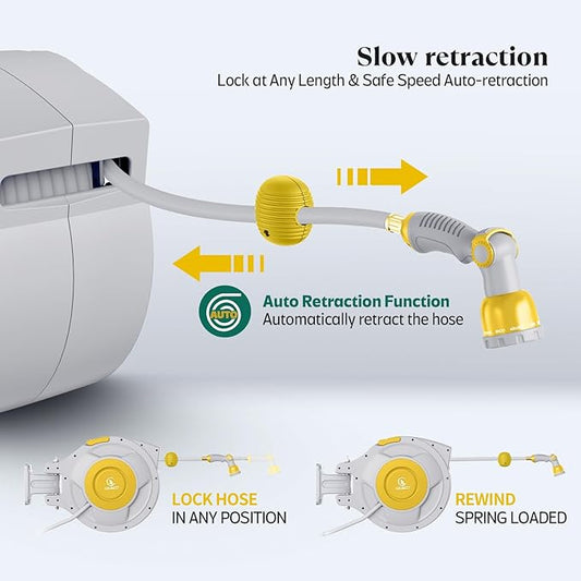 100 ft x 5/8" Retractable Garden Hose Reel, Heavy Duty Water Hose Reel Wall Mounted, Any Length Lock, 180°Swivel, Water Hose with 10-Function Nozzle for Cleaning, Watering(Yellow)