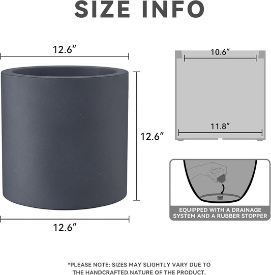 Kante 12.6" Dia Round Concrete Planter, Modern Style Large Cylindrical Plant Pot with Drainage Hole and Rubber Plug for Indoor Outdoor Patio, Dark Gray