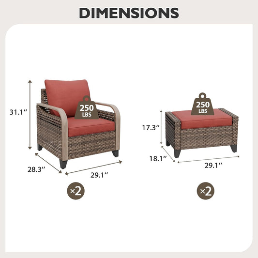 EAGLE PEAK Modern Wicker Outdoor Chair, Patio Chair Curved Armrest, Rattan Patio Furniture for Yard Deck Porch Garden, 2 Chairs 2 Ottomans, 4 Pieces, Brown/Red
