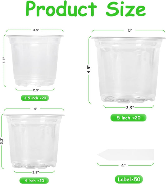 60 Pack 3.5/4/5 Inch Reinforced Clear Nursery Pots with Drainage Holes, Transparent Variety Pack Plastic Plant Pot Seed Starter Pots Flower Pots Come with 50pcs Plant Labels