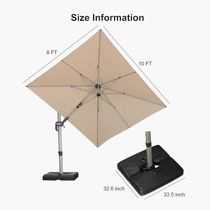 PURPLE LEAF 8' X 10' Left-right Tilting Patio Umbrella with Base Outdoor Swivel Cantilever Offset Aluminum Umbrella with Champagne Frame and 360-degree Rotation for Garden Deck Pool, Beige