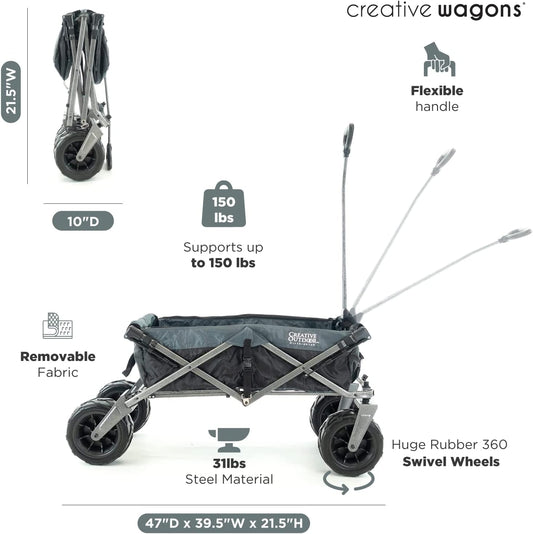 Creative Outdoor Push Pull Stroller Wagon, Beach Hauler XXL with Canopy, Collapsible and Portable Heavy Duty Folding Cart, Supports up to 200lbs Weight Capacity, Giant 10" Wheels