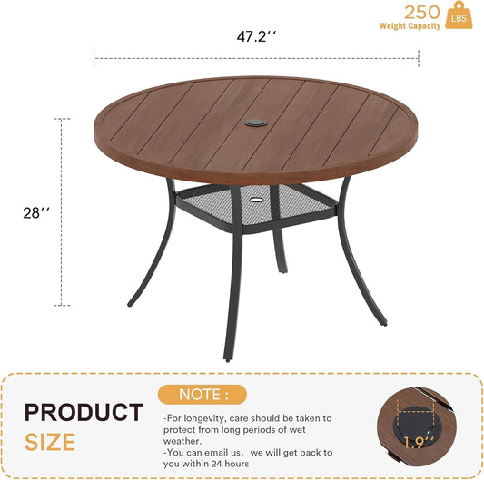 VICLLAX 47.2" Outdoor Round Patio Table for Lawn Garden, All Weather Metal Round Outdoor Dining Table with Adjustable Umbrella Hole, 6 Person Patio Table, Walnut Wood-Like Tabletop
