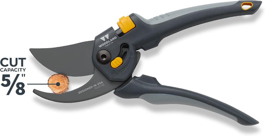 Woodland Tools Co. Heavy Duty Bypass Pruning Shears – 5/8" Cut Capacity, High Carbon Steel Blade, Internal Spring, Adjustable Grip Slider, Garden Hand Pruner for Plants, Shrubs, and Live Stems