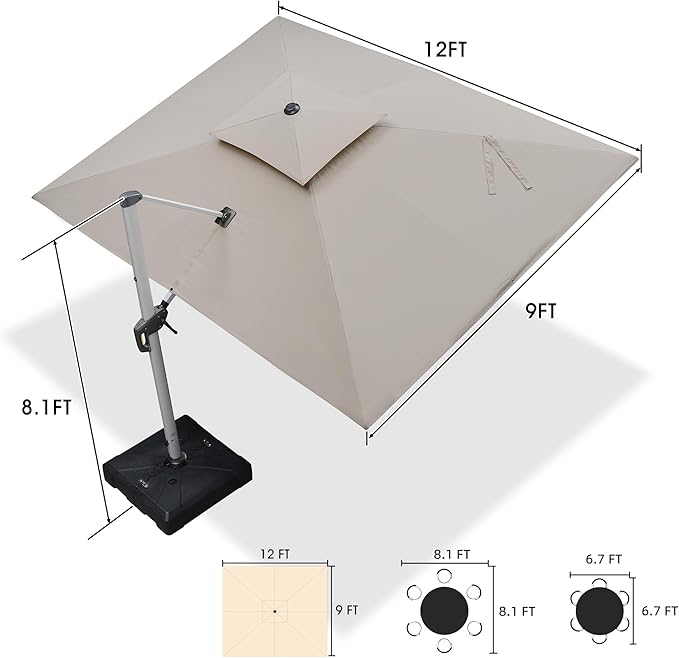 PURPLE LEAF 9 X 12 FT Cantilever Patio Umbrellas with Base Included, Large Square Offset Umbrella with 360° Rotation, Outdoor Aluminum Pool Umbrella for Pool Lawn Garden, Beige