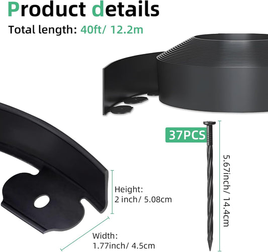 2 in x 40 Ft Garden Landscape Edging, No Dig Garden Edging Border Kit with Spikes for Flower Bed Lawn Yard Grass Black