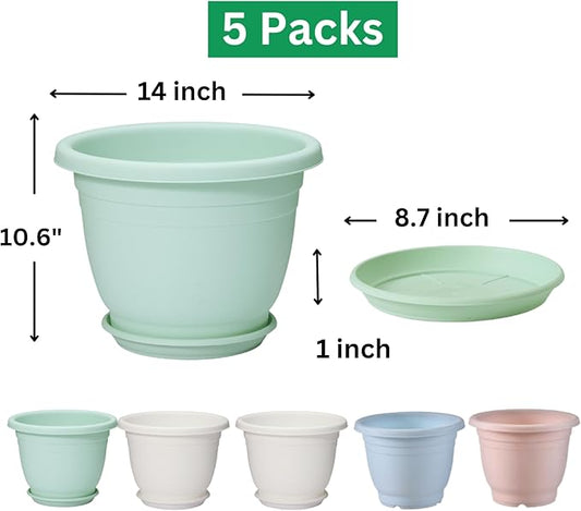5 Packs 14 inch Flower Pots + Saucer, Planters for Indoor & Outdoor Plants with Drainage Holes | Plastic Flower Pots, Large Planter (Colorful, 14 inch)