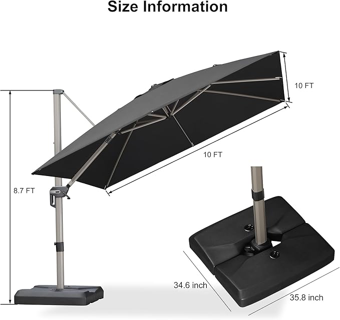 PURPLE LEAF 10FT Patio Umbrella with Base Cantilever Umbrella Square Outdoor Offset Umbrella with Champagne Frame and 360° Rotation for Garden Deck Pool, Black