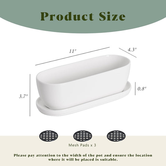 E-liu Oval Ceramic Planter Pot with Drainage Hole Saucers 11 Inch Succulents Planter Home Decor for Indoor Outdoor Plants Herb Cactus with 3 Mesh Pads, Plants Not Included