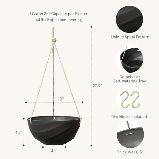 La Jolie Maison 10 Inch Hanging Planters for Indoor Plants, Outdoor Garden Planter Pots with Self-Watering Tray, Jet Black, Spiral Pattern, Set of 2