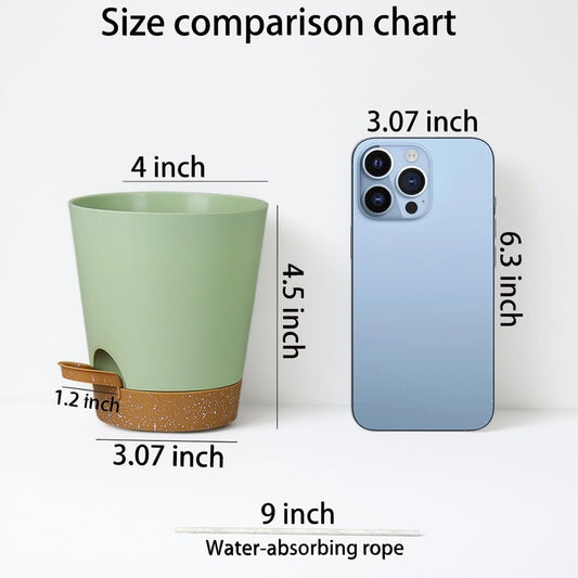 12 Pack 4 Inch Self Watering Plant Pots with Drainage and Saucers,Plastic Flower Pots for Indoor and Outdoor Plants, Nursery Planters for Houseplants and Herbs Green Brown, 4 inch 12pcs