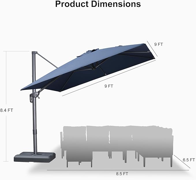 PURPLE LEAF 9 FT Outdoor Umbrella with Base Patio Cantilever Aluminum Umbrella with 3 Years Fade Resistance Recycled Fabric Offset Square with 360-degree Rotation for Deck Pool Garden, Ocean Slate