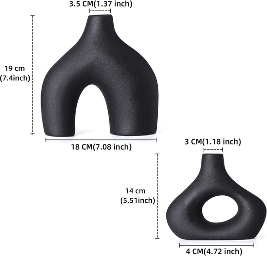 CEMABT Black Ceramic Vase Set of 2 for Modern Minimalist Bohemian Decor,Round Matte Donut Vases for Pampas Grass-Perfect for Living Room, Dining Table, Office Bedroom Shelf Decor Entryway, Console