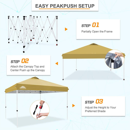 EAGLE PEAK Pop Up Canopy Tent with Wheeled Carry Bag, 8 Stakes, 4 Ropes, 4 Weight Bags, Easy Set Up Tent Canopy, 12x12 ft, 144sqft of Shade, Beige