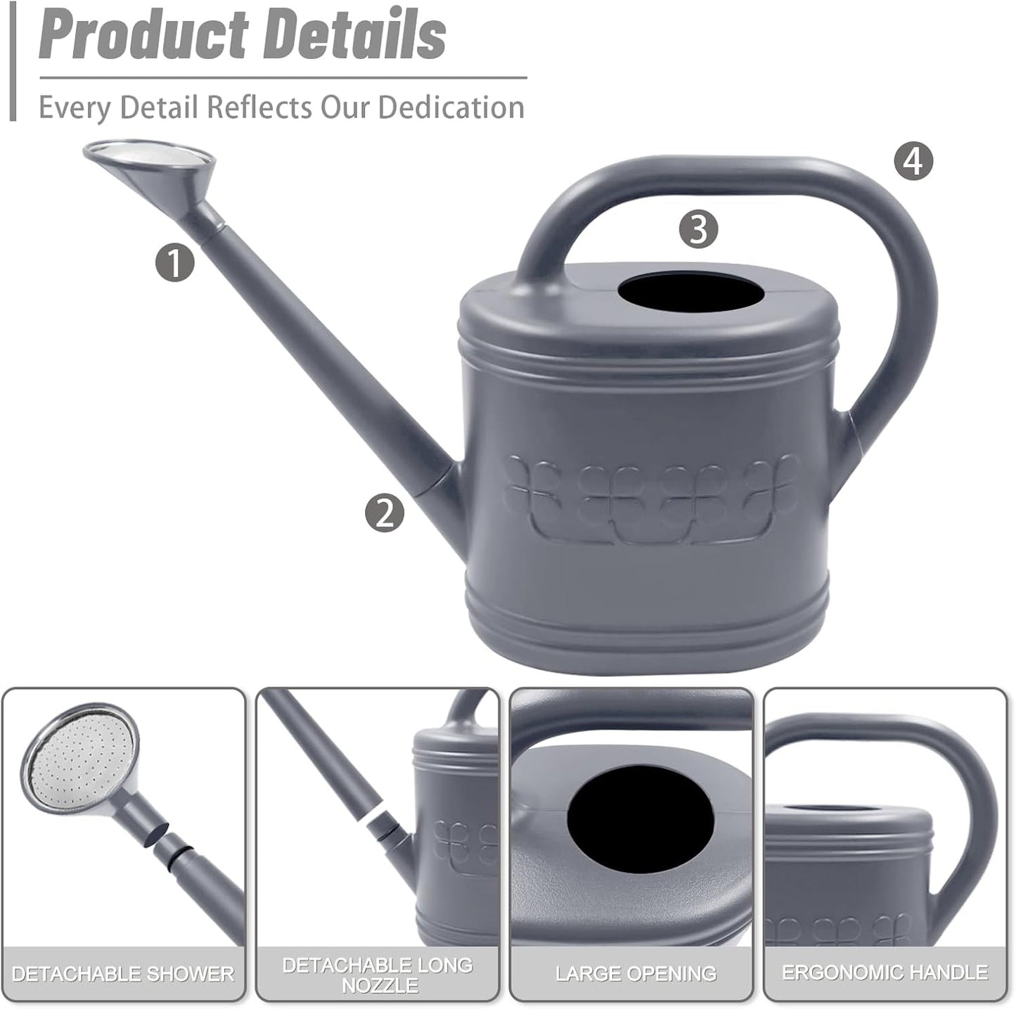 2 Gallon Watering Can, Outdoor Watering Can for Plants, Garden Water Can with Removable Long Spout and Stainless Steel Sprinkler Head, Large Water Can for Greenhouse (Gray, 2 Gallon)