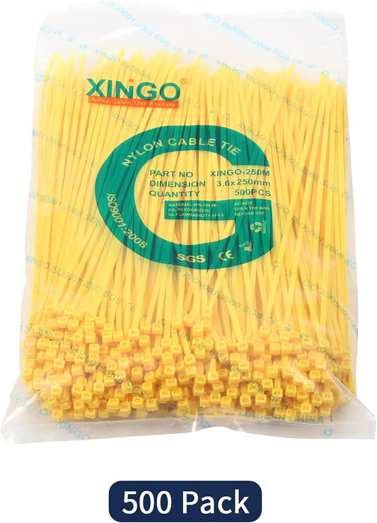 XINGO 10 Inch Cable Zip Ties (500 Pack), 40 Lbs Tensile Strength-Heavy Duty, Self-Locking Nylon Plastic Nylon Wire Ties for indoor and outdoor use (Yellow)