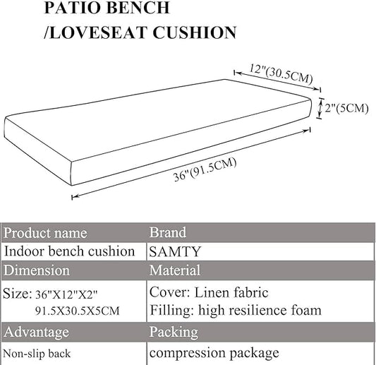 Bench Seat Memory Foam Chair Pads Non-Slip Rubber Back Indoor Swing/Settee Cushion 36 x 12 inch