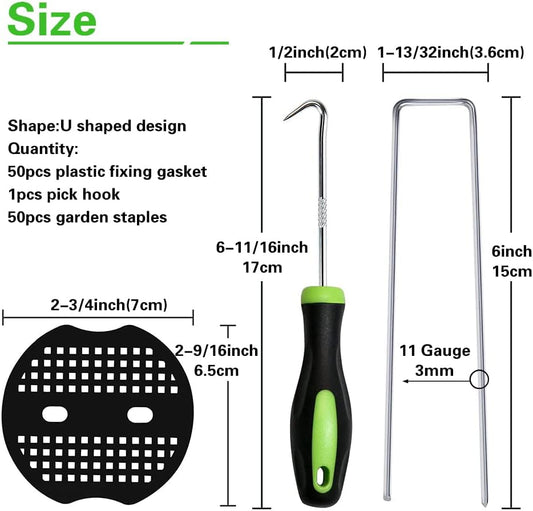50Pcs Garden Stakes Staples + 50Pcs Gasket, Bakulyor 6 Inch Lawn Landscape Staples 11 Gauge U Shaped Galvanized Landscape Pins, Heavy Duty Yard Ground Pin for Weed Barrier Sod Fabric Decorations - 6"