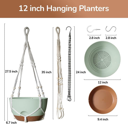 12 Inch Hanging Baskets for Plants Outdoor, Hanging Planters for Indoor Outdoor Plants, Hanging Planter with Self Watering, Hanging Flower Pots (Green Planter with Macrame + Iron Hangers)
