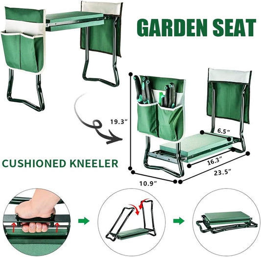BDL Garden Kneeler and Seat, Upgraded Folding Bench Stool Portable Kneeler, Sturdy Gardening Tools with 2 Free Tool Pouch, Detachable Belt, A Pair of Garden Gloves, EVA Kneeling Pad
