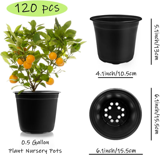 Anyumocz 120Pcs 0.5 Gallon Plant Nursery Pots,Plastic Pots with Drainage Holes,Garden Flower Container Seedling Pot for Planting,Transplanting,Succulents,Cuttings(Black)