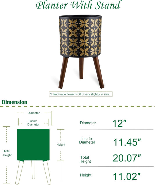 12 Inch Planter Pot with Stand, Planter for Indoor Plants, Drainage Holes and Rubber Plug, Modern Mid-Century Flower Planter Pot for Home Garden Patio, Black and Gold